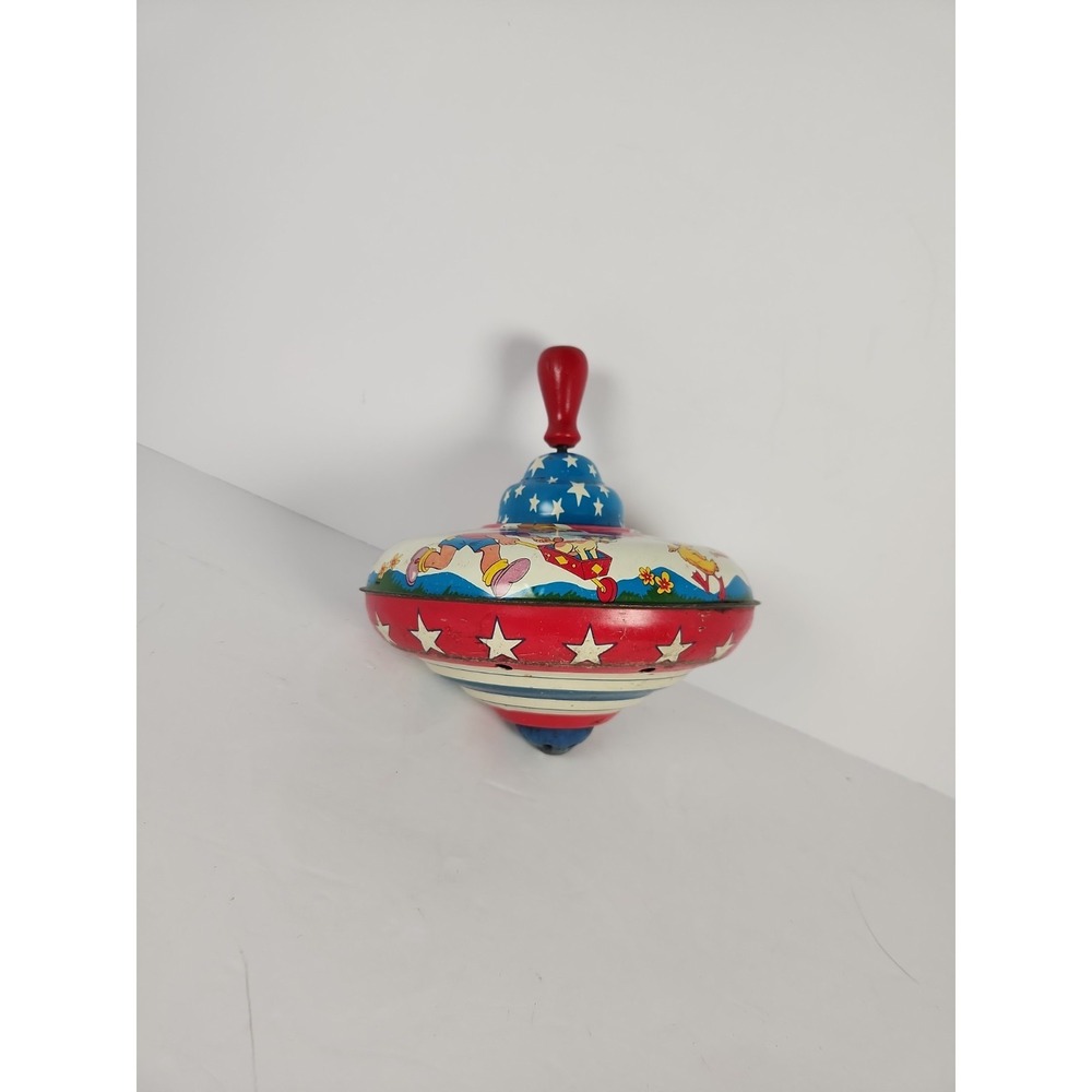 Vintage Ohio Art Tin Litho Pump Spinning Top Chidren Wagon Stars